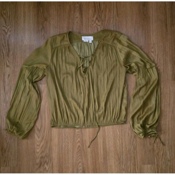 By Anthropologie Lace-Up V-Neck Blouse Size Medium Green Gold Feminine - Picture 8 of 8